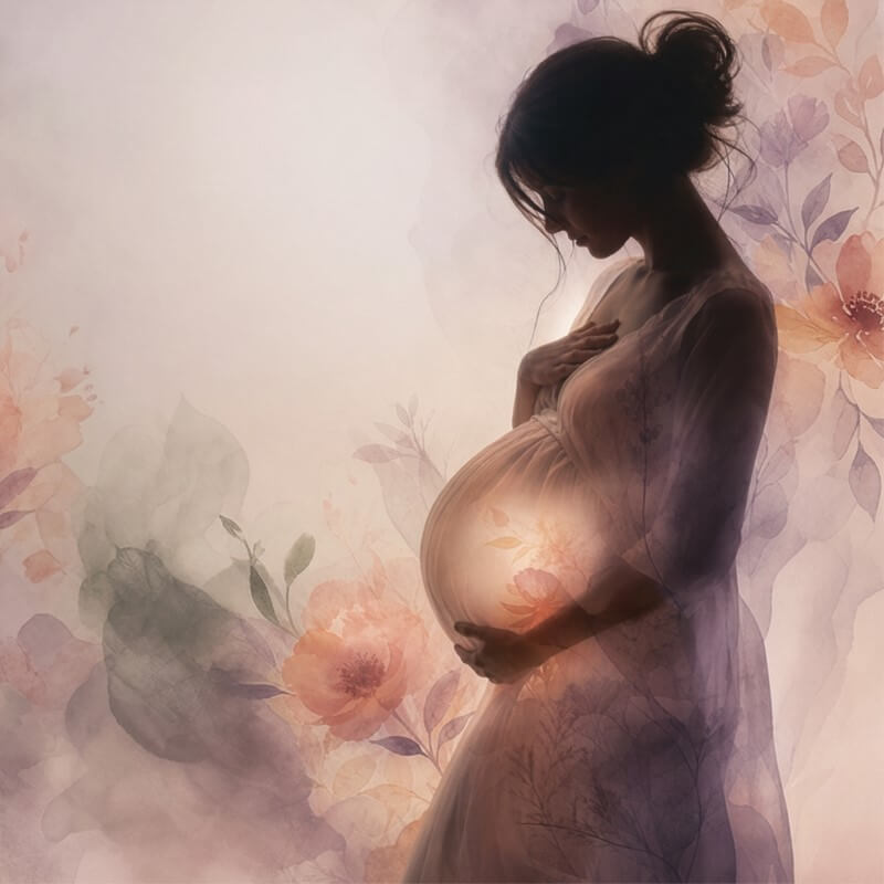 Mulher gestante em luz suave representando a jornada perinatal